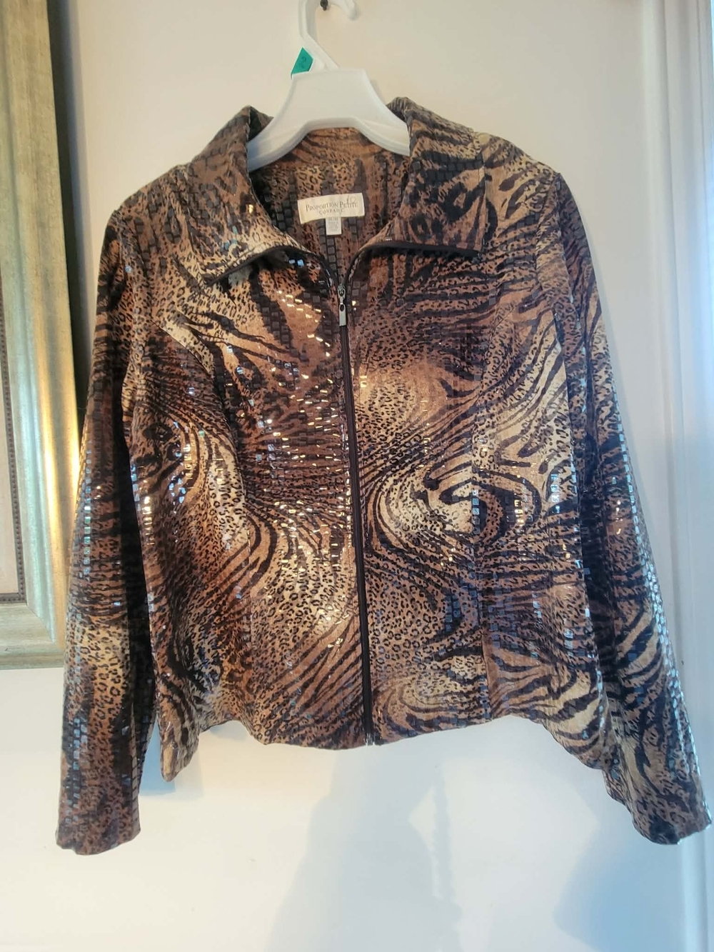 Embroidered Animal-Print Sequin Zip Jacket - Brown